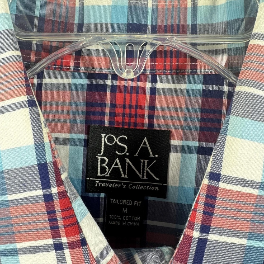 Jos A Bank Shirt Mens Medium Blue Red Plaid Travelers Collection Button Front - Picture 6 of 14